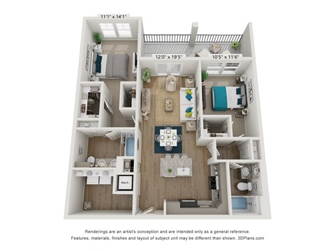 a 3d furnished floor plan of a 3 bedroom apartment